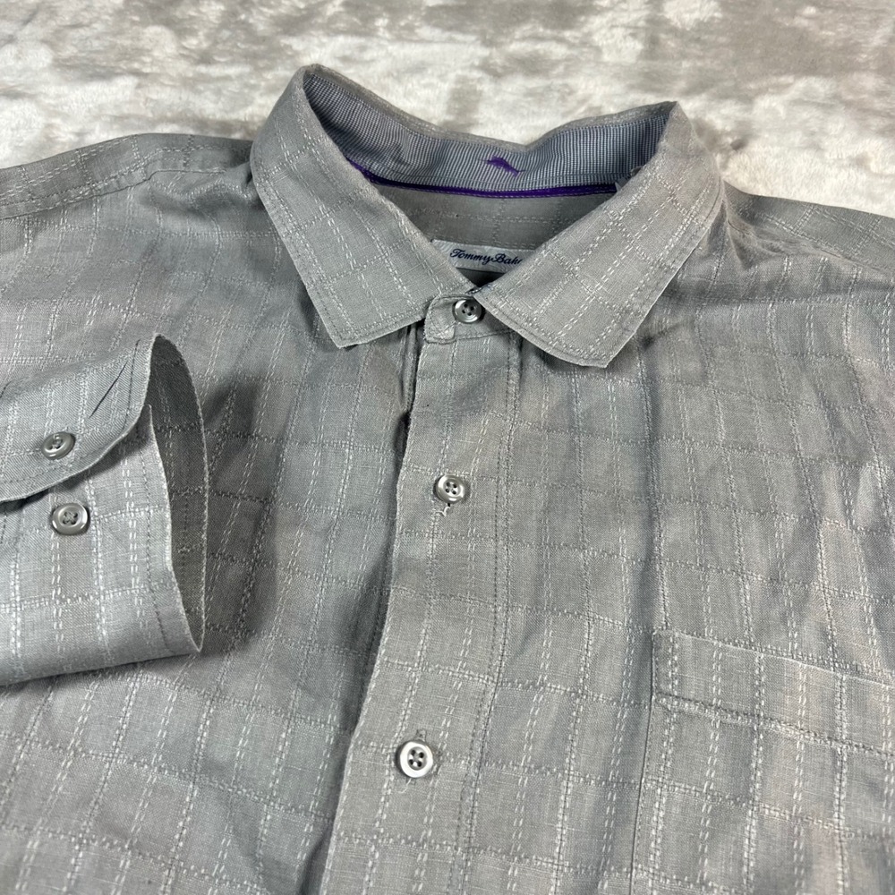 Tommy Bahama Men's 2XL Shirt Grey Linen Long Sleeve Grid Button Down